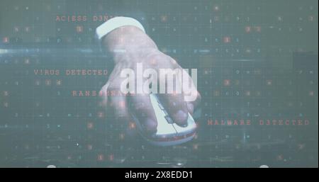 Hand with mouse hovers over screen displaying cybersecurity threats Stock Photo