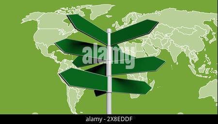 Image of road sign and world map on green background Stock Photo