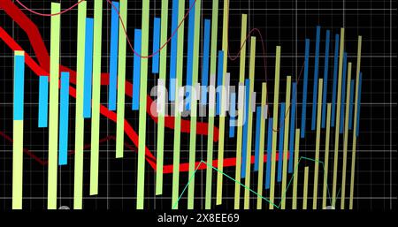 Image of statistics with red and green lines and data processing over grid Stock Photo