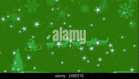 Image of stars falling over santa claus in sleigh being pulled by reindeers on green background Stock Photo