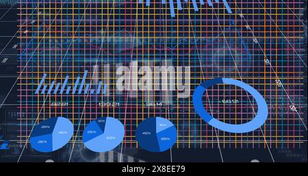 Image of multicolored grid patterns, infographic interface, circle against abstract background Stock Photo