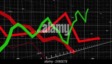 Image of statistics with red and green lines and data processing over grid Stock Photo