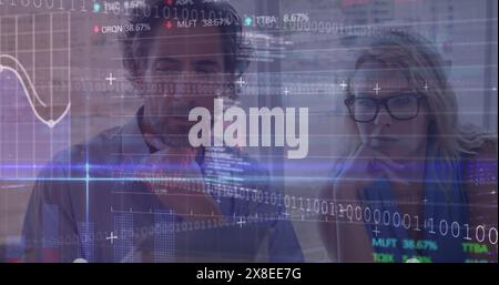 Image of financial data processing binary coding and statistics over diverse business people Stock Photo