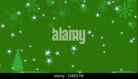 Snowflakes with different patterns are falling on green background Stock Photo