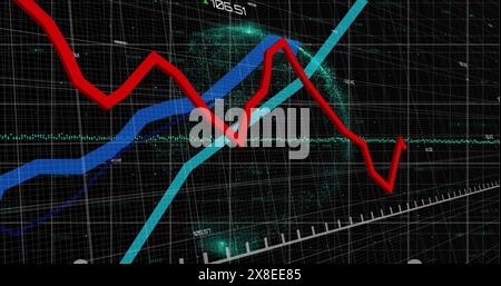 Image of statistics with red and blue lines and data processing over globe and grid Stock Photo