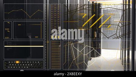 Image of graph, loading circles and bars, lines, navigation pattern over server room Stock Photo