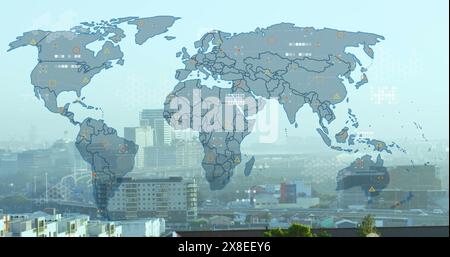 World map overlaying cityscape, displaying various data points Stock Photo