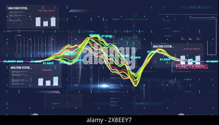 Image of interface with data processing against light spot on blue background Stock Photo