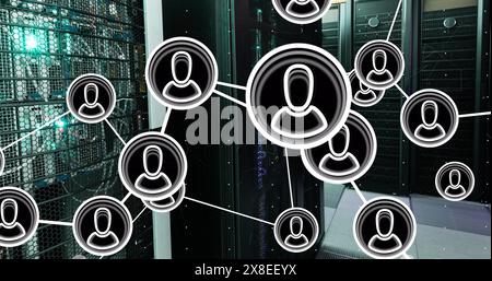 Image of icons connected with lines over dots against server room in background Stock Photo