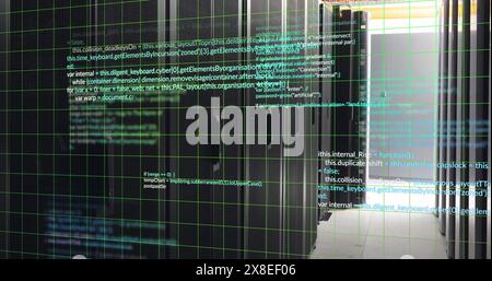 Image of grid pattern over computer language against server room in background Stock Photo