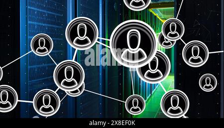 Image of icons connected with lines over dots against server room in background Stock Photo