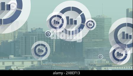 Image of multiple bar graph icons floating against aerial view of cityscape Stock Photo