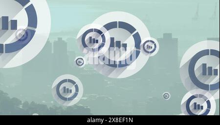 Image of multiple bar graph icons floating against aerial view of cityscape Stock Photo