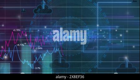 Image of statistical data processing and multiple cloud upload icons against round scanner Stock Photo