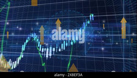 Image of arrow icons and financial data processing over round scanner and light trails Stock Photo