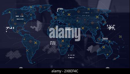 Image of circuit board pattern on map and geometric shapes over midsection of man using laptop Stock Photo