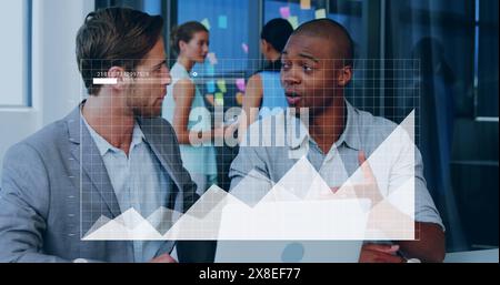 Image of financial data processing over diverse businessmen in office Stock Photo