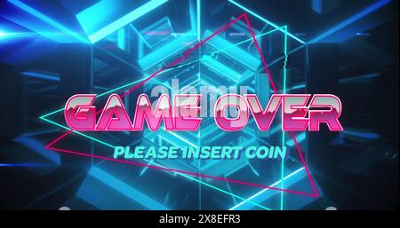 Image of game over text banner against neon hexagonal tunnel in seamless pattern Stock Photo