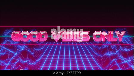 Image of good vibes only text banner and glowing blue digital wave against black background Stock Photo