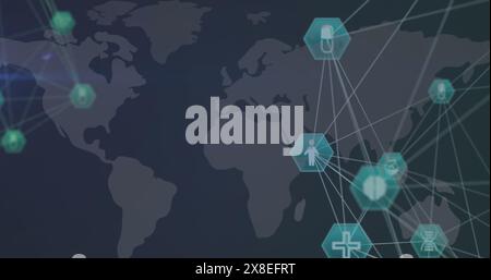 Image of two globes of medical icons spinning over world map against blue background Stock Photo
