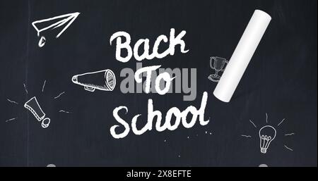 Image of multiple school concept icons and chalk writing back to school text banner Stock Photo
