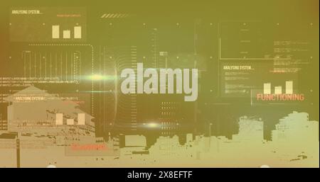 Image of texts, graphs, loading bars, moving lines, modern buildings against black background Stock Photo