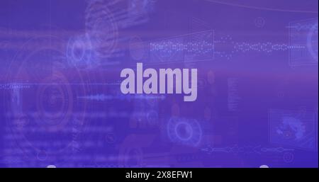 Image of circles, radars, soundwaves, globes over computer language on abstract background Stock Photo