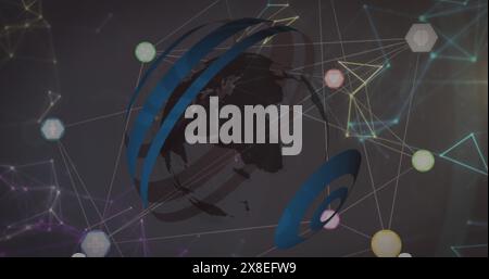 Image of network of digital icons and round scanner over spinning globe against grey background Stock Photo