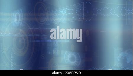 Image of globes, circles, radars, soundwaves over computer language on abstract background Stock Photo