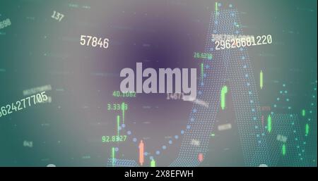 Image of changing numbers over multicolored graphs against abstract background Stock Photo