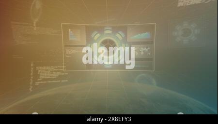 Image of radars, graphs, globes and computer language over space view of globe Stock Photo