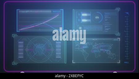 Image of graphs, loading bars and circles, globe in circles and map over blue background Stock Photo