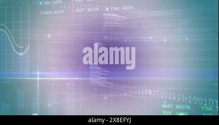 Image of trading boards, graphs, binary codes and computer language over abstract background Stock Photo