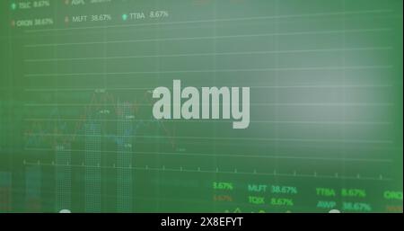 Image of multiple graphs, loading circles and trading boards against green background Stock Photo