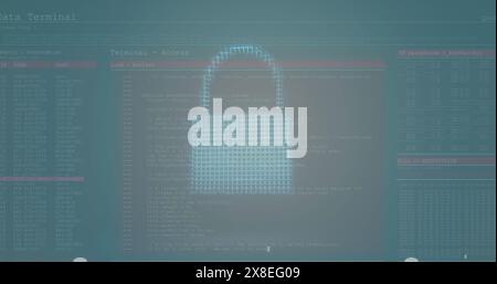 Image of squares forming cloud, shield and padlock over computer language and abstract interface Stock Photo