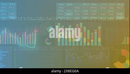 Image of multiple graphs and numbers in tables over illuminated abstract pattern Stock Photo