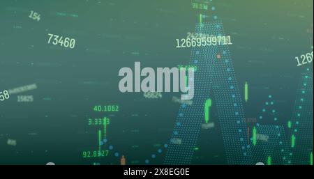Image of changing numbers over multicolored graphs against blue background Stock Photo