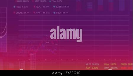 Image of multiple graphs, loading circles and trading boards against gradient background Stock Photo