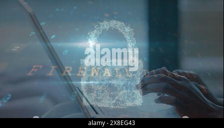 Image of padlock, cloud, texts, letters, symbols, cropped hands of caucasian man using laptop Stock Photo