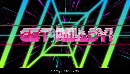 Image of get ready text banner against neon gradient tunnel and light trails in seamless pattern Stock Photo