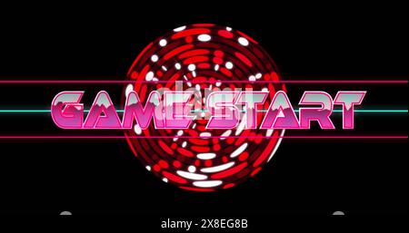 Image of game start text banner over abstract red circular shapes against black background Stock Photo