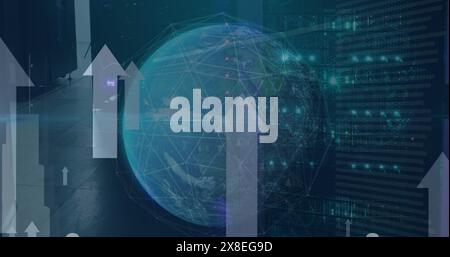 Image of spinning globe, data processing and arrow icons moving upwards against server room Stock Photo