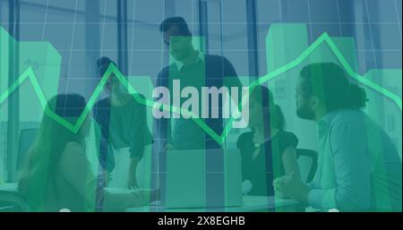 Image of multiple graphs and grid pattern over diverse coworkers discussing reports on laptop Stock Photo