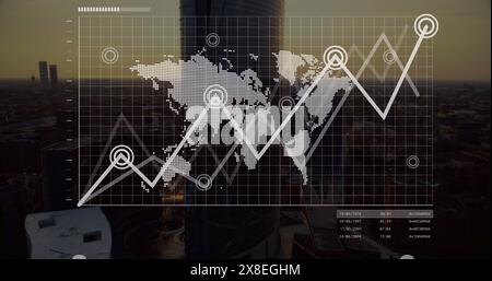 Image of graphs, map and loading bar over aerial view of modern cityscape against sky Stock Photo