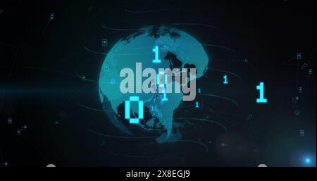 Image of binary coding and light spot over spinning globe against blue background Stock Photo