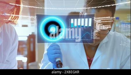 Image of graphs, radars, map and computer language, diverse female scientists testing liquid Stock Photo