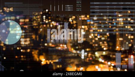 Image of infographic interface over blurred illuminated modern city against sky Stock Photo