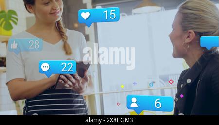 Image of notification bars, caucasian waitress with digital tablet taking order from customer Stock Photo