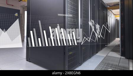 Image of graphs, map, loading bars over data server racks in server room Stock Photo