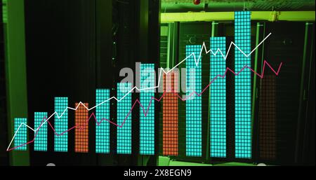Image of multiple graphs over illuminated data server systems in server room Stock Photo